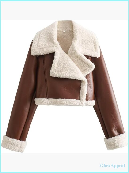 Jackets & Blazers - Cropped Faux Leather Moto Jacket with Sherpa Lining, Winter Trench Style